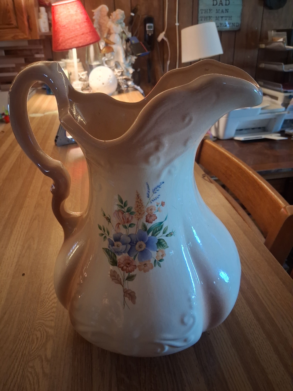 Cream Ceramic Floral Pitcher with Blue and Peach Flowers